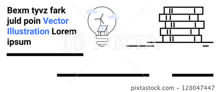 Light bulb with wind turbine, battery over text, modern stacked buildings. Ideal for renewable energy, environment, sustainability, technology, innovation, education, architecture. Landing page 128047447