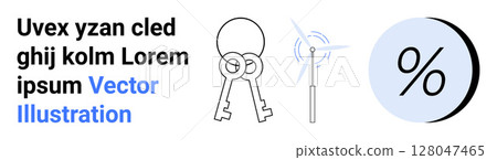 Black and white vector illustration of keys, wind turbine, and percentage symbol. Ideal for finance, energy, security, technology, marketing, analytics, and education. Landing page 128047465