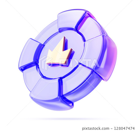 3d glass holographic casino chip with gold crown icon render. Neon poker game chip, vip gambling token, purple gradient coin for roulette or blackjack. Online bet app design element. 3D illustration 128047474