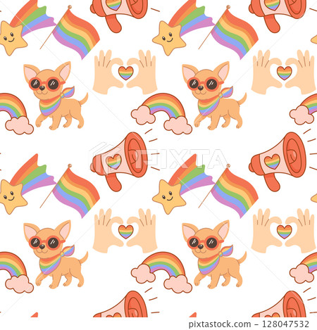 Seamless Pattern of Cute Pride Chihuahua and LGBTQ Symbols Seamless Pattern of Cute Pride Chihuahua and LGBTQ Symbols 128047532