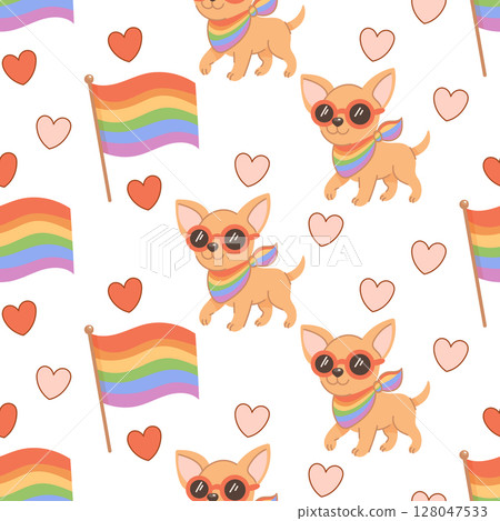 Adorable Chihuahua Wearing Rainbow Scarf at Pride Celebration Adorable Chihuahua Wearing Rainbow Scarf at Pride Celebration 128047533