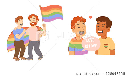 Happy LGBTQ Couple Celebrating Pride with Love and Flag 128047536