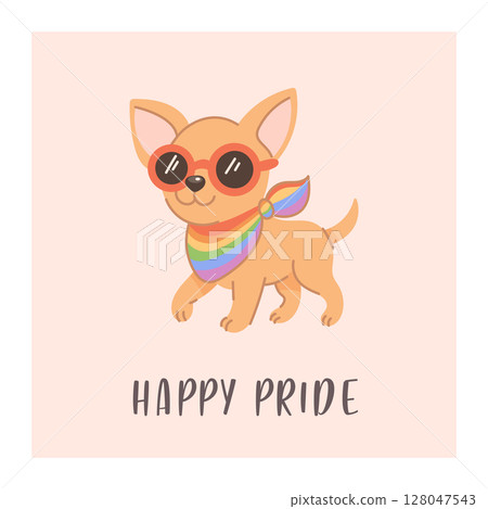 Cute Chihuahua Dog with Rainbow Scarf and Happy Pride 128047543