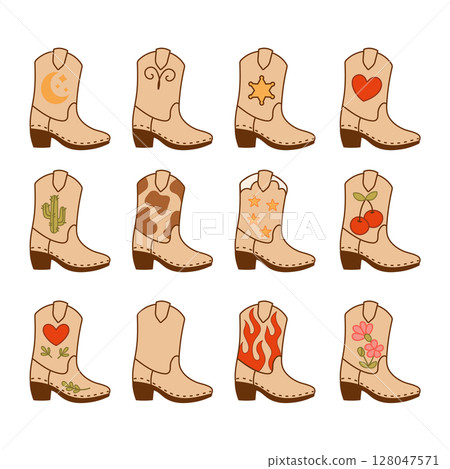 Western Cowboy Boots Icons with Fun Decorative Motifs Western Cowboy Boots Icons with Fun Decorative Motifs 128047571