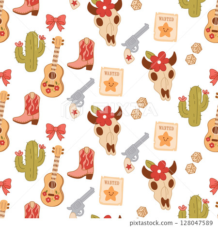 Playful Western Pattern with Cacti, Skulls, Boots, and Guitars 128047589