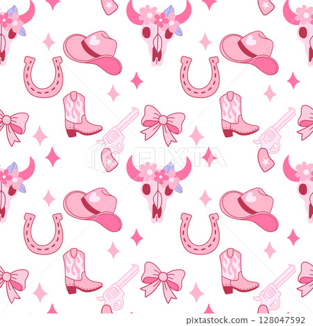 Seamless Pink Western Pattern with Cowgirl and Cowboy Elements 128047592