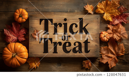 Wooden trick or treat sign surrounded by fall pumpkins and leaves | Warm fall colors Wooden trick or treat sign surrounded by fall pumpkins and leaves | Warm fall colors 128047631