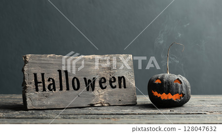 Aged wooden Halloween board with black jack-o-lantern | Vintage look 128047632