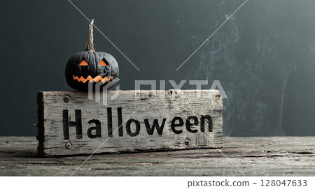 Aged wooden Halloween board with black jack-o-lantern | Vintage look Aged wooden Halloween board with black jack-o-lantern | Vintage look 128047633