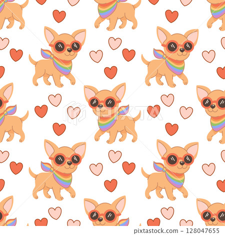 Cute chihuahua dog with LGBT rainbow scarf pattern 128047655