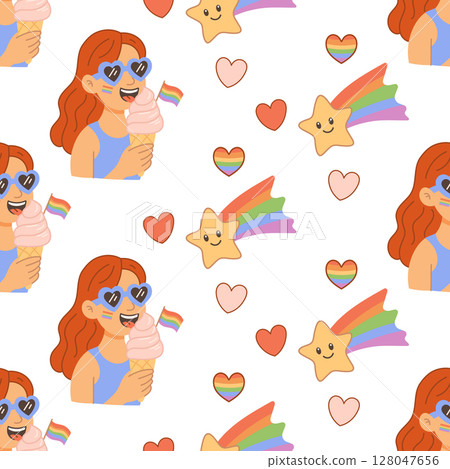 Happy girl with LGBT ice cream and rainbow pride Happy girl with LGBT ice cream and rainbow pride 128047656