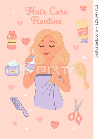 Blonde woman using hair spray with care routine text 128047712