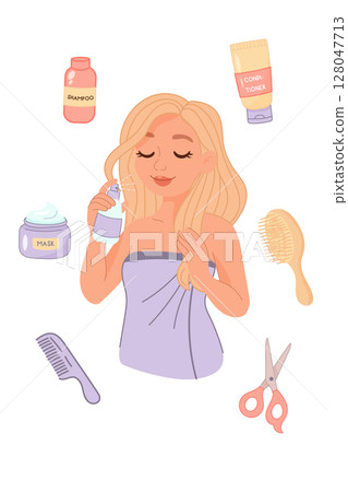 Blonde woman using hair spray with beauty icons Blonde woman using hair spray with beauty icons 128047713