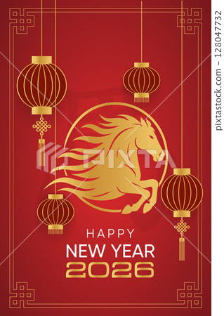 Golden horse with Chinese lanterns for New Year 2026 Golden horse with Chinese lanterns for New Year 2026 128047732