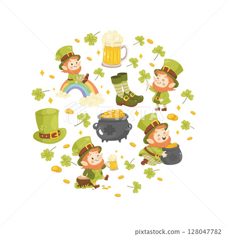 Clip art, images in a circle,st. patricks day. Beer, hat, shoes and striped gaiters, cartoon leprechaun. Clip art, images in a circle,st. patricks day. Beer, hat, shoes and striped gaiters, cartoon leprechaun. 128047782
