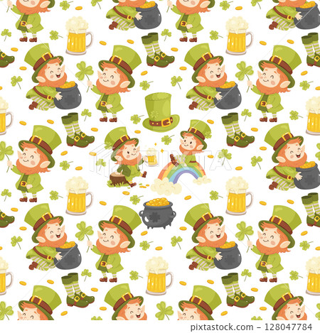 Seamless St. Patricks pattern. Cute leprechauns. For background, wrapping paper, fabric Seamless St. Patricks pattern. Cute leprechauns. For background, wrapping paper, fabric 128047784