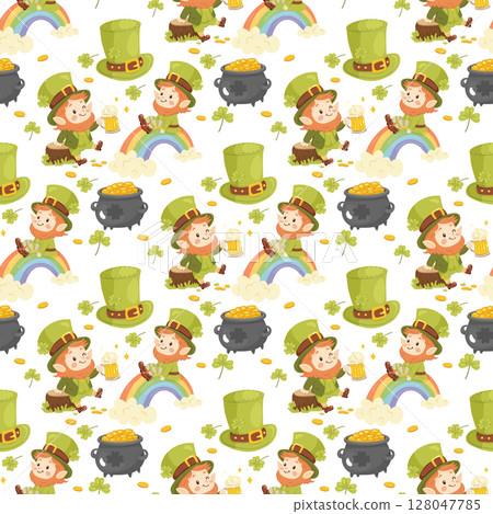 Seamless St. Patricks pattern. Cute leprechauns. For background, wrapping paper, fabric Seamless St. Patricks pattern. Cute leprechauns. For background, wrapping paper, fabric 128047785