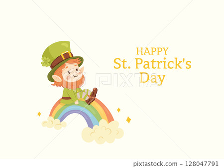 Horizontal St. Patrick's Day greeting card. Cute leprechaun sitting on a rainbow Horizontal St. Patrick's Day greeting card. Cute leprechaun sitting on a rainbow 128047791