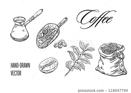 Engraving, coffee sketch, vector illustration linear. Package with coffee, beans, branch, coffee turk 128047794
