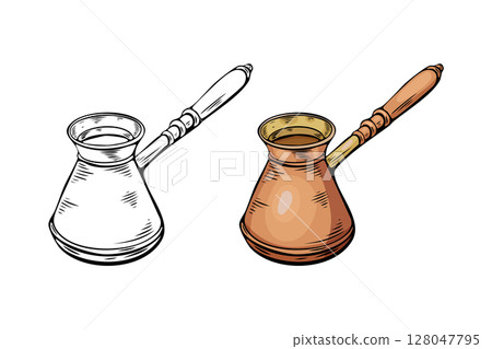 Engraving, coffee turk, vector illustration in color and line sketch Engraving, coffee turk, vector illustration in color and line sketch 128047795