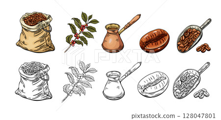 Engraving, coffee sketch, vector illustration in color and line. Coffee bag, beans, branch, coffee turk 128047801