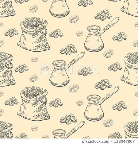 Engraving, bag of coffee beans, vector illustration in color and line sketch of seamless pattern 128047807