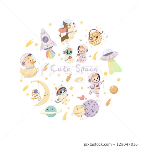 A set of cute space illustrations. Astronauts, rocket, cute cat and dog, duck, alien and planets. Print, sublimation 128047816