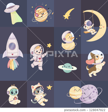 Seamless space pattern, cute space baby pattern. Astronaut cat, dog, rocket Seamless space pattern, cute space baby pattern. Astronaut cat, dog, rocket 128047822
