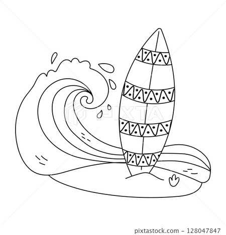 Black and white surfboard and wave illustration for summer coloring pages Black and white surfboard and wave illustration for summer coloring pages 128047847
