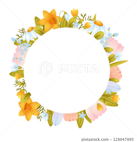 Floral frame, spring flowers on white isolated background. Vector illustration Floral frame, spring flowers on white isolated background. Vector illustration 128047895