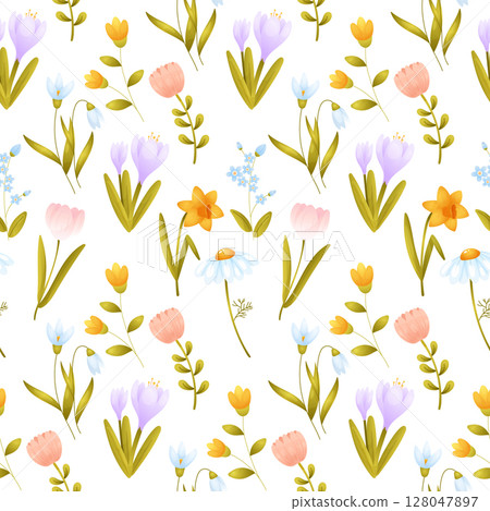 A seamless pattern of spring flowers. Tulip, daffodil, crocus, daisy. Vector illustration A seamless pattern of spring flowers. Tulip, daffodil, crocus, daisy. Vector illustration 128047897