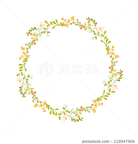 Elegant floral wreath design featuring delicate blossoms and greenery for seasonal celebrations or decor Elegant floral wreath design featuring delicate blossoms and greenery for seasonal celebrations or decor 128047908