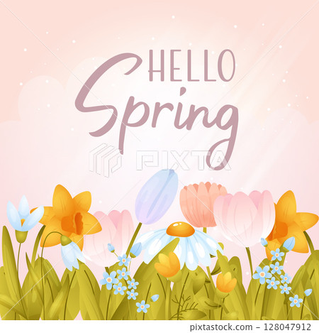 Colorful spring flowers bloom in a cheerful design celebrating the arrival of spring with vibrant hues , hello spring 128047912