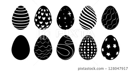 Black and white silhouettes, Easter eggs with various patterns, vector 128047917