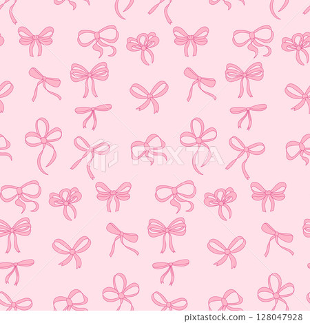 Seamless hand drawn ribbon bow pattern. Decorating bow, pink Seamless hand drawn ribbon bow pattern. Decorating bow, pink 128047928