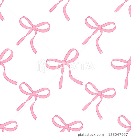 Seamless hand drawn ribbon bow pattern. Decorating bow, pink 128047937