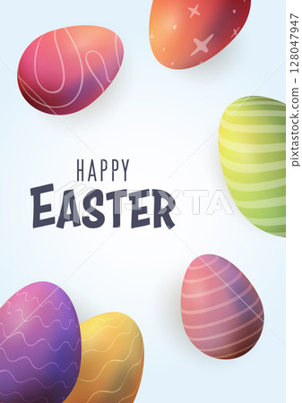 Easter multicolored eggs realistic 3d, confetti blue. Vector illustration, Easter multicolored eggs realistic 3d, confetti blue. Vector illustration, 128047947