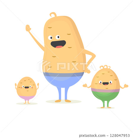 Potato Man character walking with young potato boys. Smiling dad with sons. Joyful father playing with his little kid. Happy family. Cute cartoon characters isolated on white background. 128047953