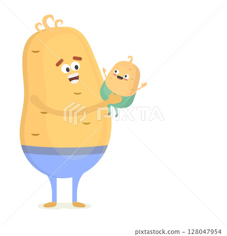 Potato Man character walking with young potato boys. Smiling dad with sons. Joyful father playing with his little kid. Happy family. Cute cartoon characters isolated on white background. 128047954