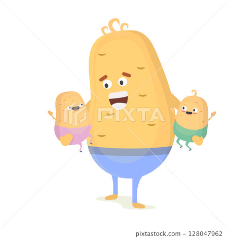 Potato Man character walking with young potato boys. Smiling dad with sons. Joyful father playing with his little kid. Happy family. Cute cartoon characters isolated on white background. 128047962