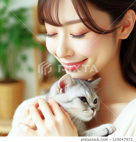 Young woman holding a cat 128047972