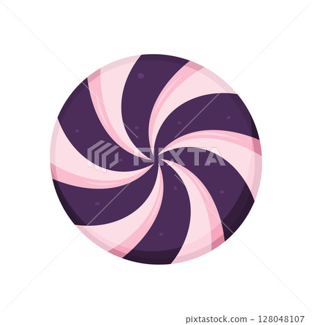 Round purple and pink swirl candy with glossy texture, flat style. Concept of sweet treats and confectionery design 128048107