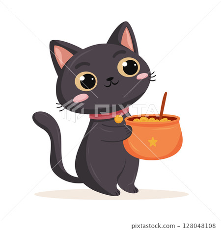 Cute black cat with big eyes and pink cheeks holding orange cauldron of food, flat style, Halloween fun Cute black cat with big eyes and pink cheeks holding orange cauldron of food, flat style, Halloween fun 128048108
