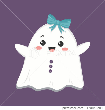 Adorable ghost with a teal bow and smile, shown on a purple background, fun Halloween character for kids 128048209