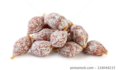Pile of mini sausages close-up on a white background. Isolated 128048215