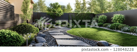 A serene backyard oasis features a curved stone pathway, lush greenery, and a modern dark fence, creating a peaceful and stylish outdoor space 128048228