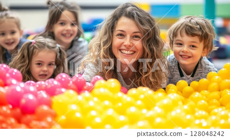 Happy mother and children joyfully playing together in a ball pit, creating fun memories 128048242