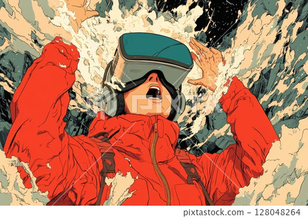 A person wearing a red jacket experiences a shocking virtual reality immersion, depicted in a dynamic, stylized illustration 128048264