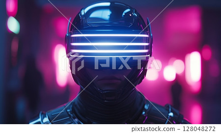 Cyberpunk style female character wearing a futuristic helmet with glowing visor stands in a neon-lit city Cyberpunk style female character wearing a futuristic helmet with glowing visor stands in a neon-lit city 128048272