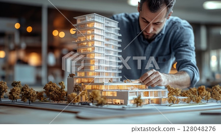 A male architect meticulously refines a detailed architectural model of a modern high-rise building 128048276